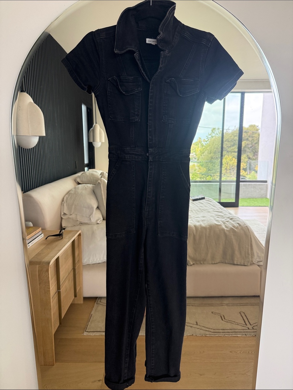 Good American Black Short-Sleeve Denim Jumpsuit
